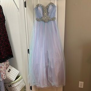 City Triangles Blue Embellished Tiered Prom Gown